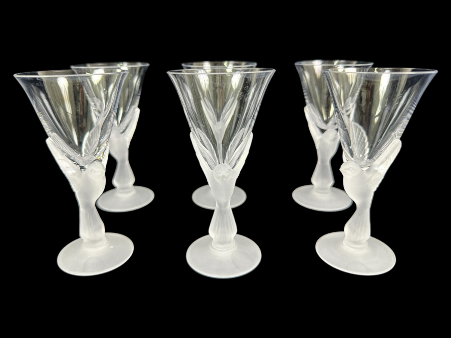 Set of (6) Sasaki Wings Clear Wine Glasses with Frosted Dove Stems 5'H [Photo 1]