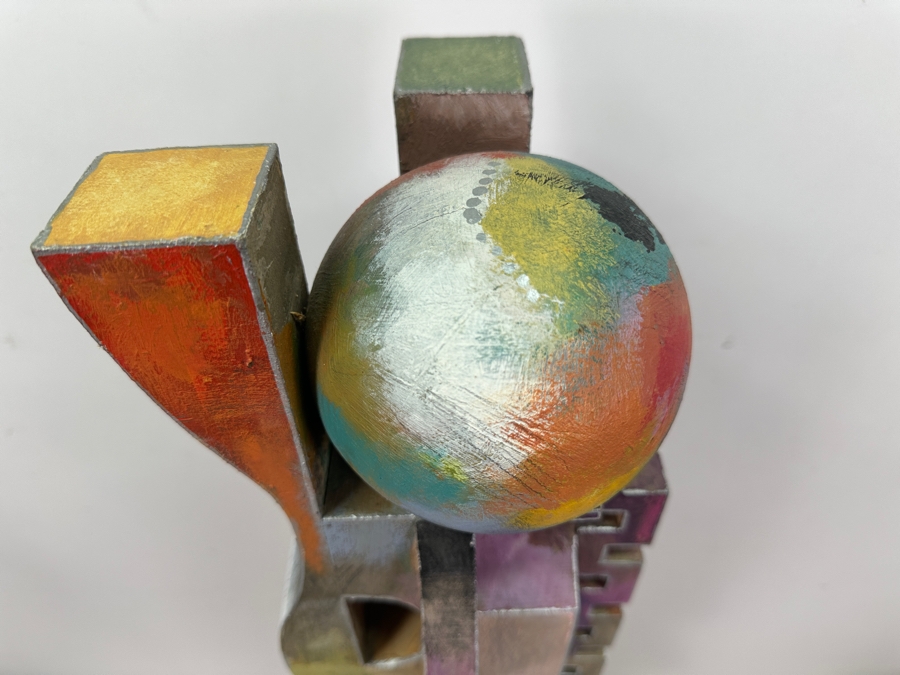 Abstract Modernist Hand Painted Wooden Sculpture Titled 'Nondisjunction I' Signed Timmins 34.5'H [Photo 2]