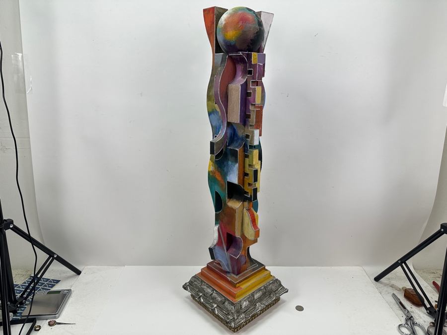 Abstract Modernist Hand Painted Wooden Sculpture Titled 'Nondisjunction I' Signed Timmins 34.5'H [Photo 4]