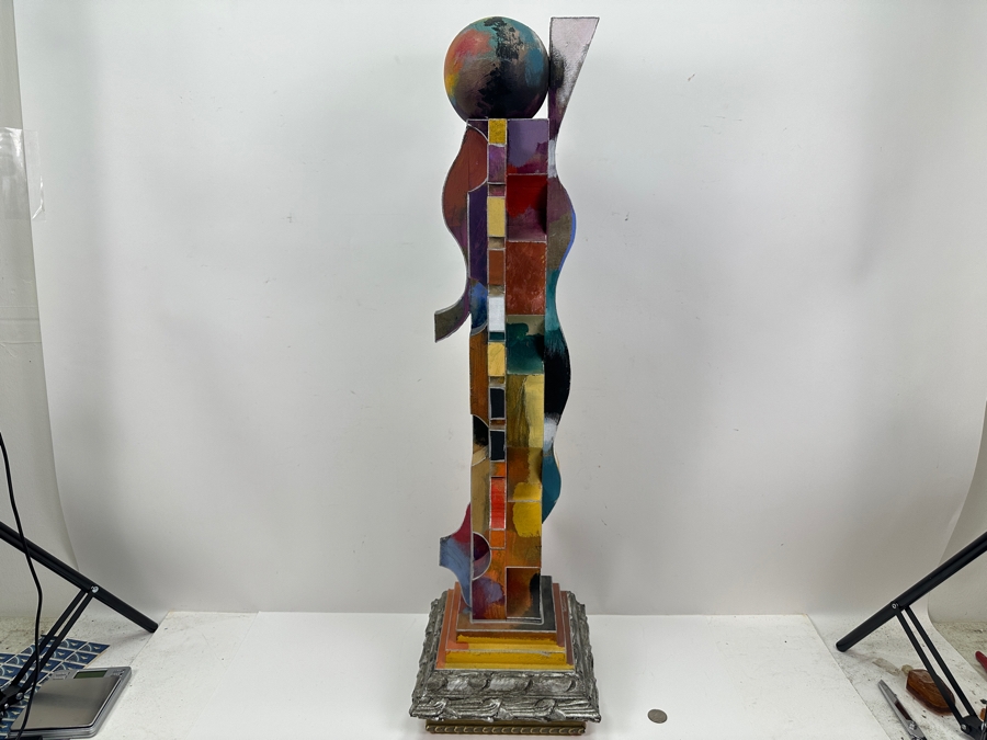 Abstract Modernist Hand Painted Wooden Sculpture Titled 'Nondisjunction I' Signed Timmins 34.5'H [Photo 5]