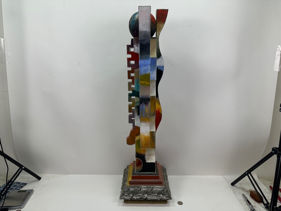 Abstract Modernist Hand Painted Wooden Sculpture Titled 'Nondisjunction I' Signed Timmins 34.5'H [Photo 6]