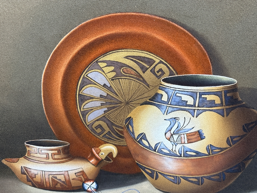 Just Added - Original Painting Of Native American Pottery Signed By The Artist Lower Right 24 X 20 Framed 29 X 25 [Photo 3]