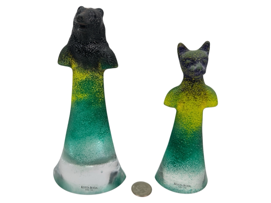Kosta Boda Abstract Art Glass Bear and Cat Figurines, Designed by Kjell Engman 7.75'H and 6.5'H