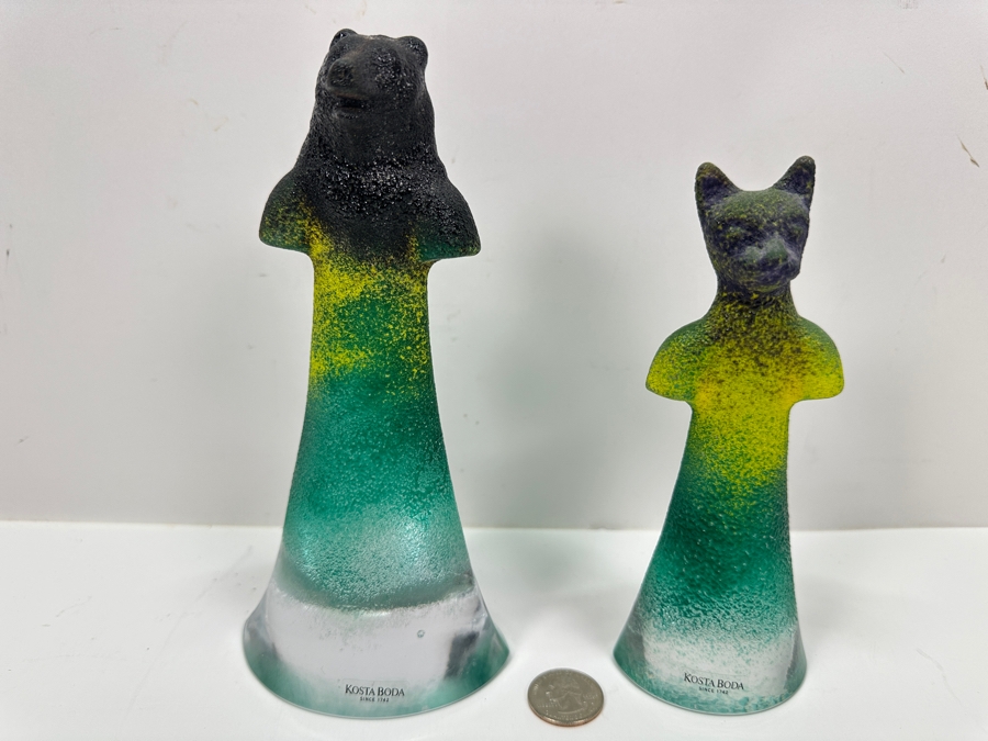 Kosta Boda Abstract Art Glass Bear and Cat Figurines, Designed by Kjell Engman 7.75'H and 6.5'H [Photo 2]