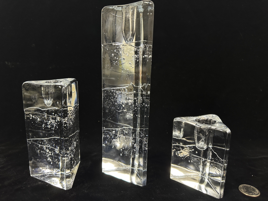(3) Iittala Glass Arkipelago Ice Block Candle Holders Designed By Timo Sarpaneva From Finland From 4'H To 8.75'H [Photo 4]