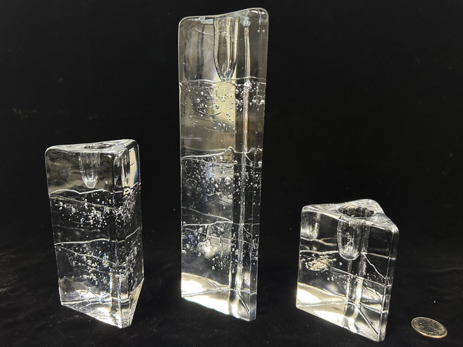(3) Iittala Glass Arkipelago Ice Block Candle Holders Designed By Timo Sarpaneva From Finland From 4'H To 8.75'H [Photo 2]
