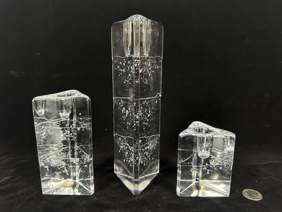(3) Iittala Glass Arkipelago Ice Block Candle Holders Designed By Timo Sarpaneva From Finland From 4'H To 8.75'H [Photo 3]