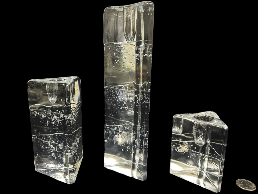(3) Iittala Glass Arkipelago Ice Block Candle Holders Designed By Timo Sarpaneva From Finland From 4'H To 8.75'H