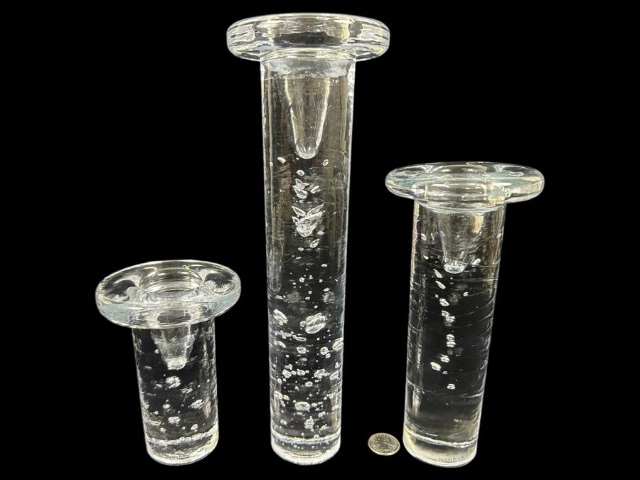 (3) Kosta Boda Sweden Model 'Cool' Bubble Candlesticks Candle Holders 5.5'H To 11.75'H