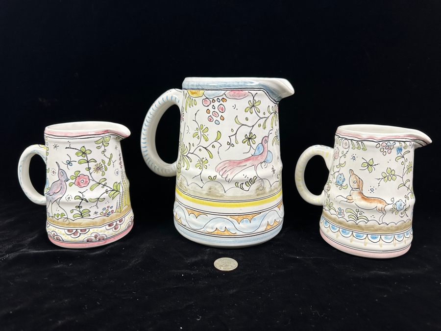 (3) Berardos Hand Painted Portuguese Pottery Pitchers 5.5'H and 7.5'H	 [Photo 2]
