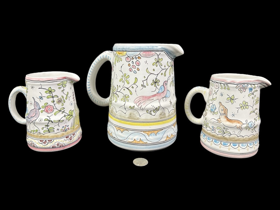 (3) Berardos Hand Painted Portuguese Pottery Pitchers 5.5'H and 7.5'H	