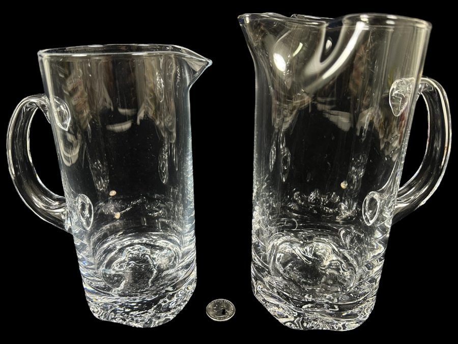 Pair Of Iittala Finland Gaissa Pitchers Designed By Tapio Wirkkala In 1973 Inspired By Artic Landscapes Featuring A Rocky, Textured Base Resembling Ice 8H And 8.75H [Photo 1]