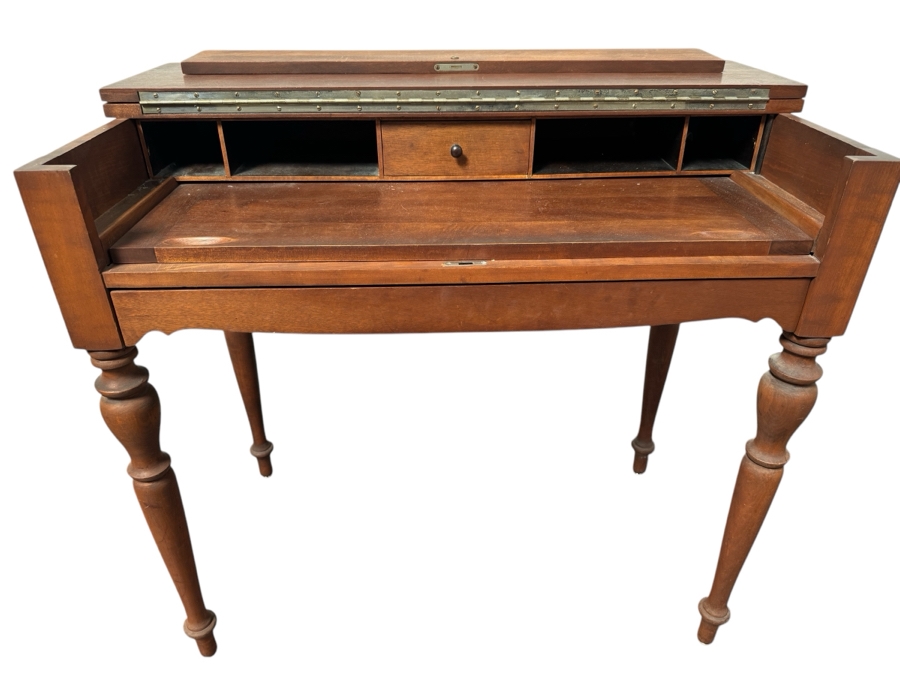 Just Added - Antique Mahogany Spinet Writing Desk With Flip-Top By H. E. Shaw Furniture Co. Grand Rapids, Michigan 36W X 20D X 32.5H