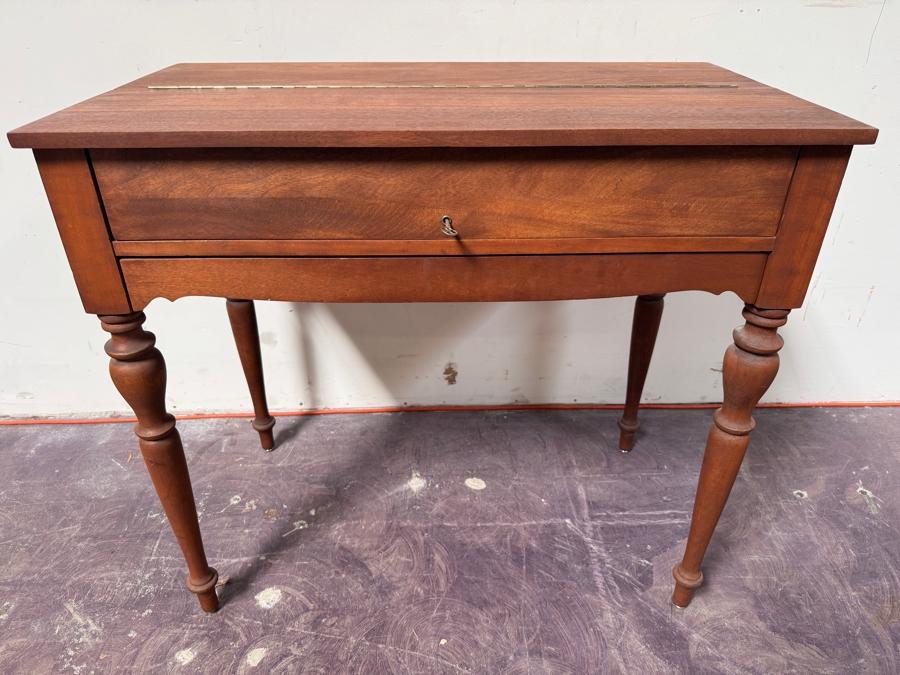 Just Added - Antique Mahogany Spinet Writing Desk With Flip-Top By H. E. Shaw Furniture Co. Grand Rapids, Michigan 36W X 20D X 32.5H [Photo 10]