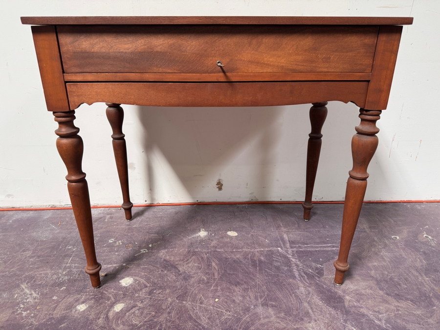 Just Added - Antique Mahogany Spinet Writing Desk With Flip-Top By H. E. Shaw Furniture Co. Grand Rapids, Michigan 36W X 20D X 32.5H [Photo 11]