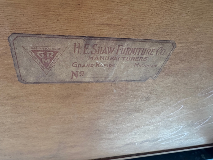 Just Added - Antique Mahogany Spinet Writing Desk With Flip-Top By H. E. Shaw Furniture Co. Grand Rapids, Michigan 36W X 20D X 32.5H [Photo 12]