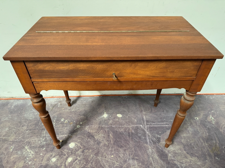Just Added - Antique Mahogany Spinet Writing Desk With Flip-Top By H. E. Shaw Furniture Co. Grand Rapids, Michigan 36W X 20D X 32.5H [Photo 9]