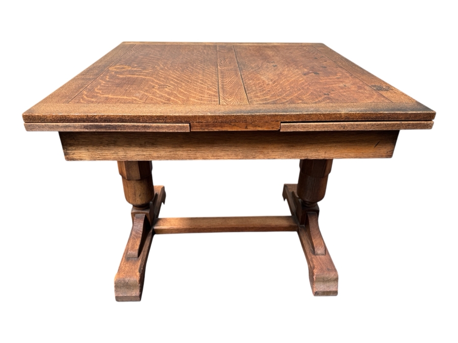 Just Added - Antique Tiger Oak Draw Leaf English Pub Table With Built-In Leaves 63W (With Leaves) / 35.5W (Without Leaves) X 35.5D X 29.5H
