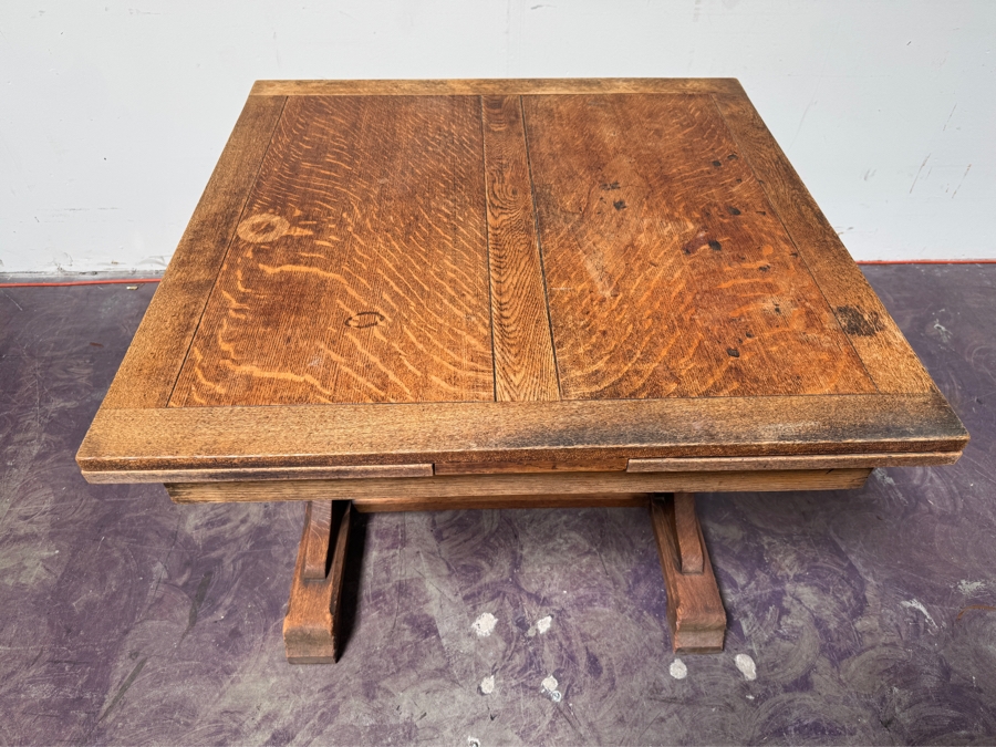 Just Added - Antique Tiger Oak Draw Leaf English Pub Table With Built-In Leaves 63W (With Leaves) / 35.5W (Without Leaves) X 35.5D X 29.5H [Photo 5]