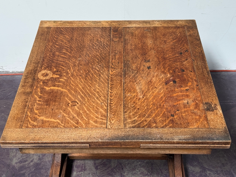 Just Added - Antique Tiger Oak Draw Leaf English Pub Table With Built-In Leaves 63W (With Leaves) / 35.5W (Without Leaves) X 35.5D X 29.5H [Photo 6]