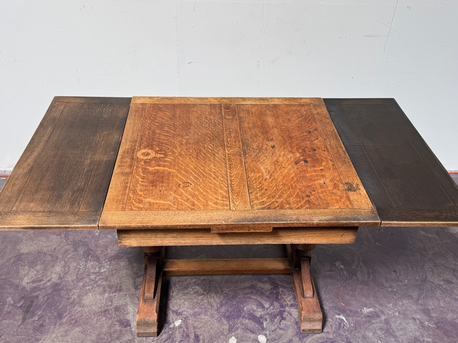 Just Added - Antique Tiger Oak Draw Leaf English Pub Table With Built-In Leaves 63W (With Leaves) / 35.5W (Without Leaves) X 35.5D X 29.5H [Photo 10]
