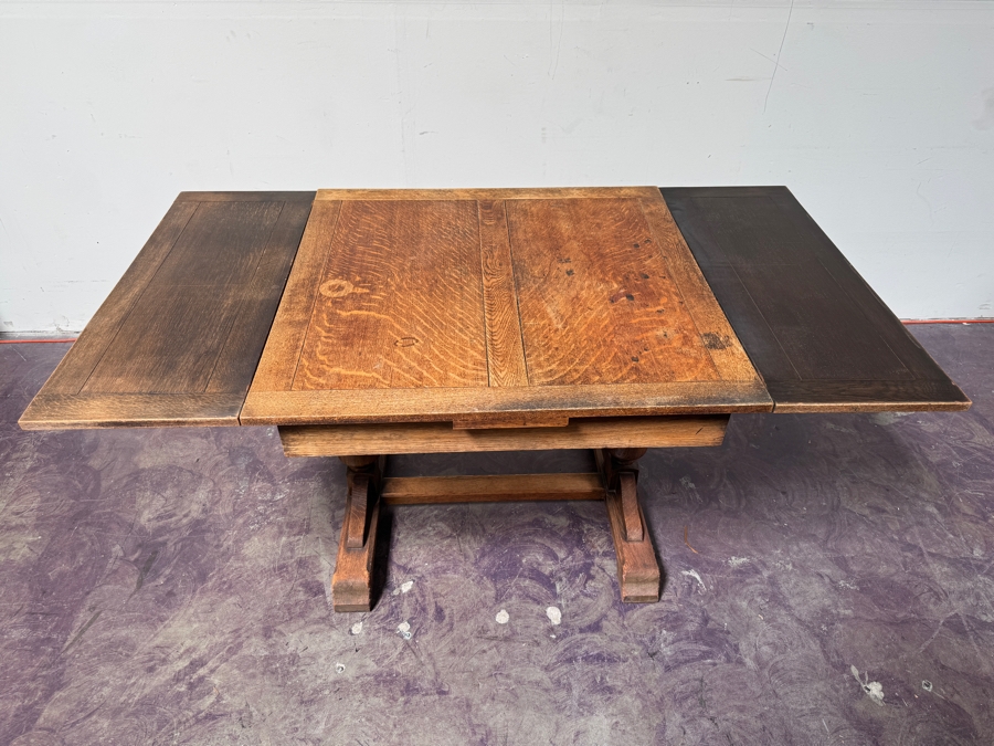 Just Added - Antique Tiger Oak Draw Leaf English Pub Table With Built-In Leaves 63W (With Leaves) / 35.5W (Without Leaves) X 35.5D X 29.5H [Photo 9]