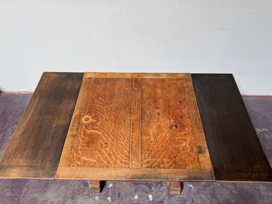 Just Added - Antique Tiger Oak Draw Leaf English Pub Table With Built-In Leaves 63W (With Leaves) / 35.5W (Without Leaves) X 35.5D X 29.5H [Photo 11]