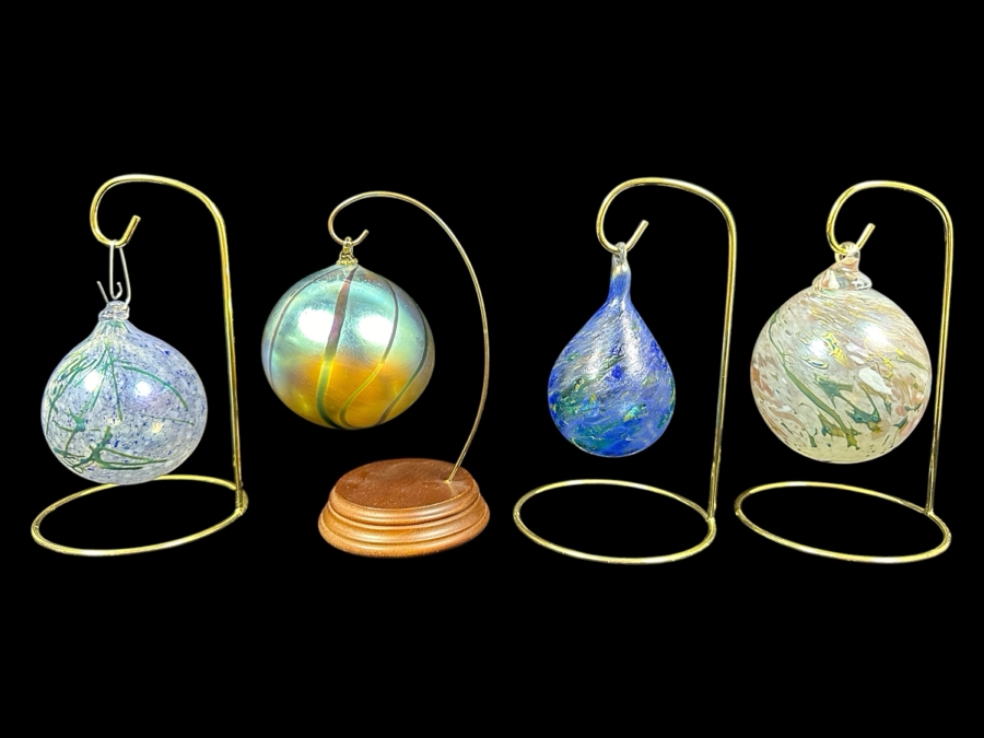 Just Added - (4) Handblown Art Glass Balls With Stands 7H [Photo 1]