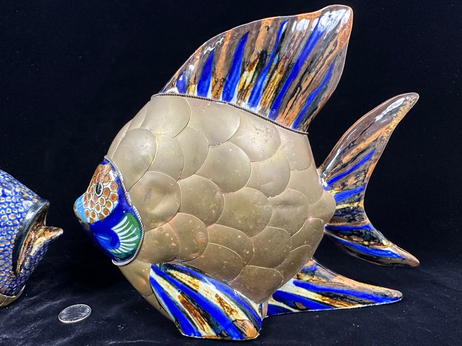 Just Added - Pair Of Vintage Mexican Tonala Ceramic Pottery And Brass Fish Sculptures 8.5'H & 9'H [Photo 4]