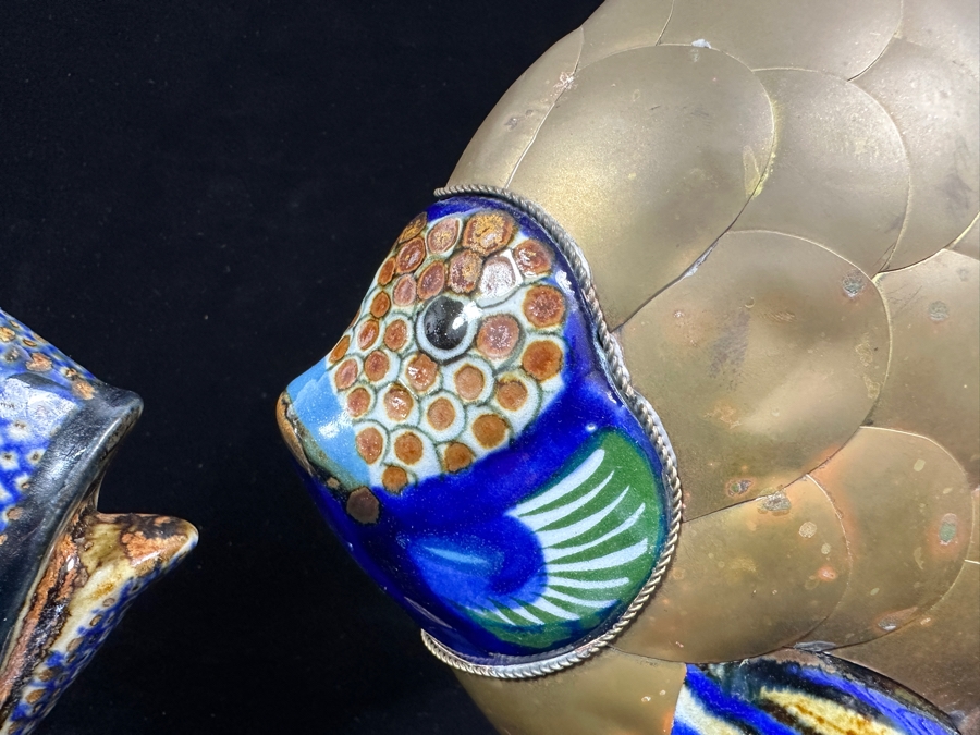 Just Added - Pair Of Vintage Mexican Tonala Ceramic Pottery And Brass Fish Sculptures 8.5'H & 9'H [Photo 5]
