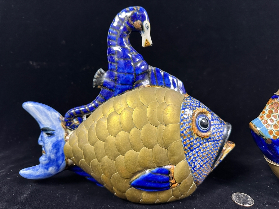 Just Added - Pair Of Vintage Mexican Tonala Ceramic Pottery And Brass Fish Sculptures 8.5'H & 9'H [Photo 2]