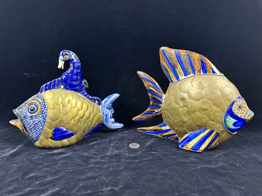 Just Added - Pair Of Vintage Mexican Tonala Ceramic Pottery And Brass Fish Sculptures 8.5'H & 9'H [Photo 6]