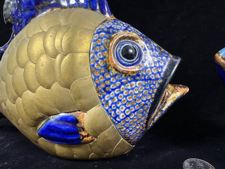 Just Added - Pair Of Vintage Mexican Tonala Ceramic Pottery And Brass Fish Sculptures 8.5'H & 9'H [Photo 3]