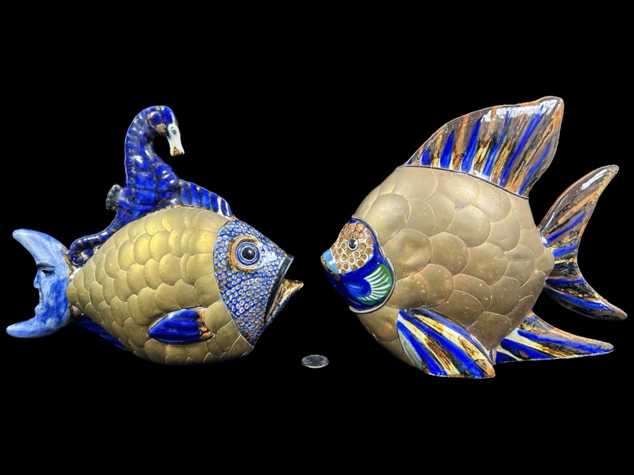 Just Added - Pair Of Vintage Mexican Tonala Ceramic Pottery And Brass Fish Sculptures 8.5'H & 9'H