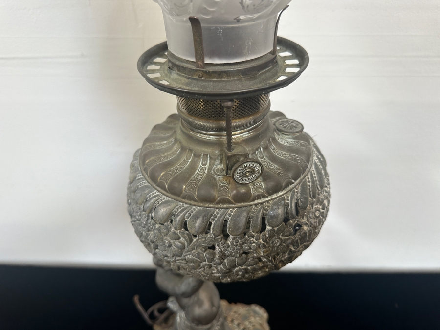 Just Added - Antique Spirit Kerosene Lamp Featuring A Cherub Figure Converted To A Lamp But Needs Rewiring 28'H [Photo 6]
