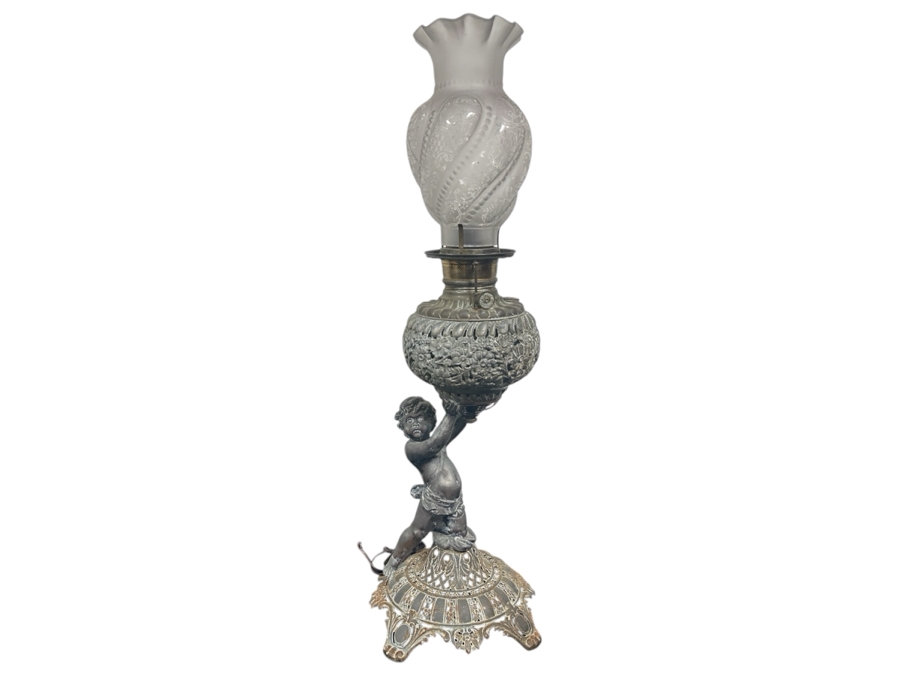 Just Added - Antique Spirit Kerosene Lamp Featuring A Cherub Figure Converted To A Lamp But Needs Rewiring 28'H