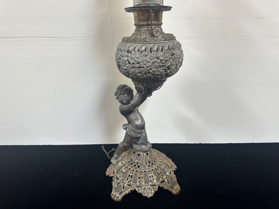 Just Added - Antique Spirit Kerosene Lamp Featuring A Cherub Figure Converted To A Lamp But Needs Rewiring 28'H [Photo 3]