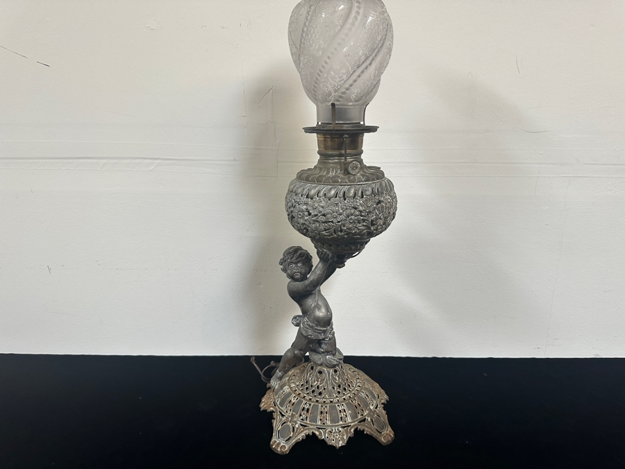 Just Added - Antique Spirit Kerosene Lamp Featuring A Cherub Figure Converted To A Lamp But Needs Rewiring 28'H [Photo 2]