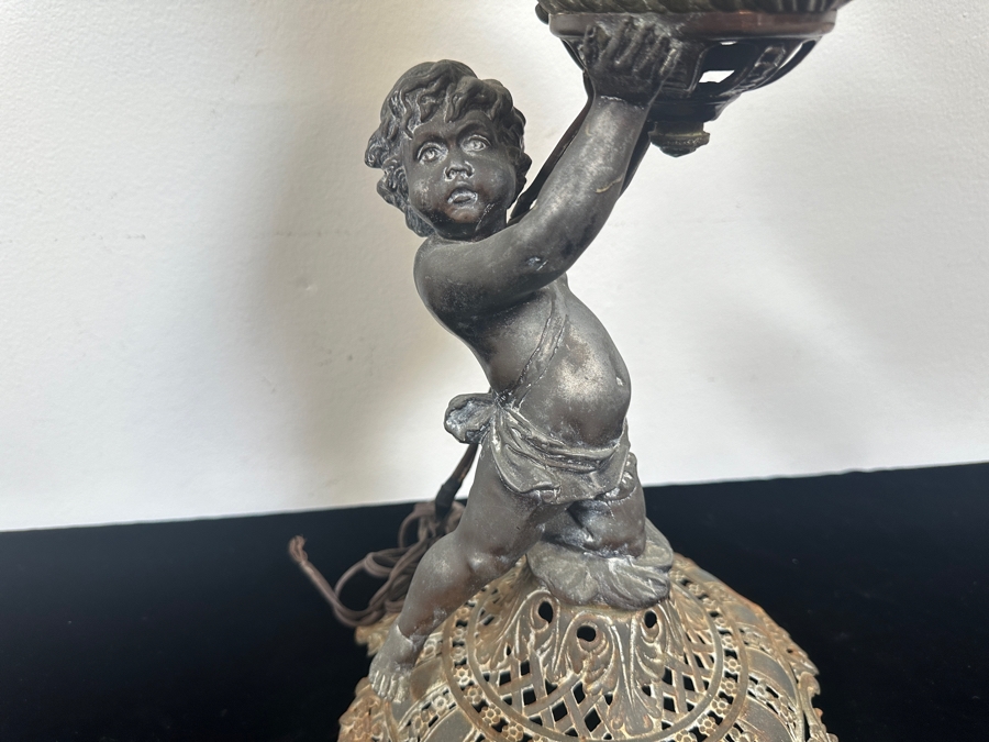 Just Added - Antique Spirit Kerosene Lamp Featuring A Cherub Figure Converted To A Lamp But Needs Rewiring 28'H [Photo 4]