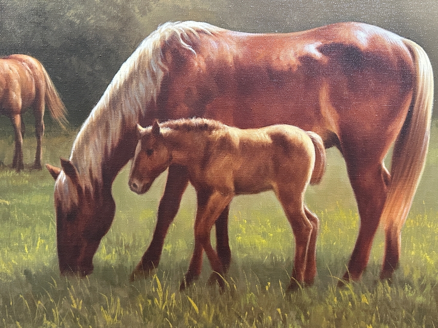 Just Added - Felix (Lex) Gonzalez (B. 1938) Original Oil Painting On Canvas Of Horses Titled 'Colting Time' Dated 1981 Los Angeles, CA 36 X 24 Framed 44 X 32 Retailed For $950 [Photo 4]