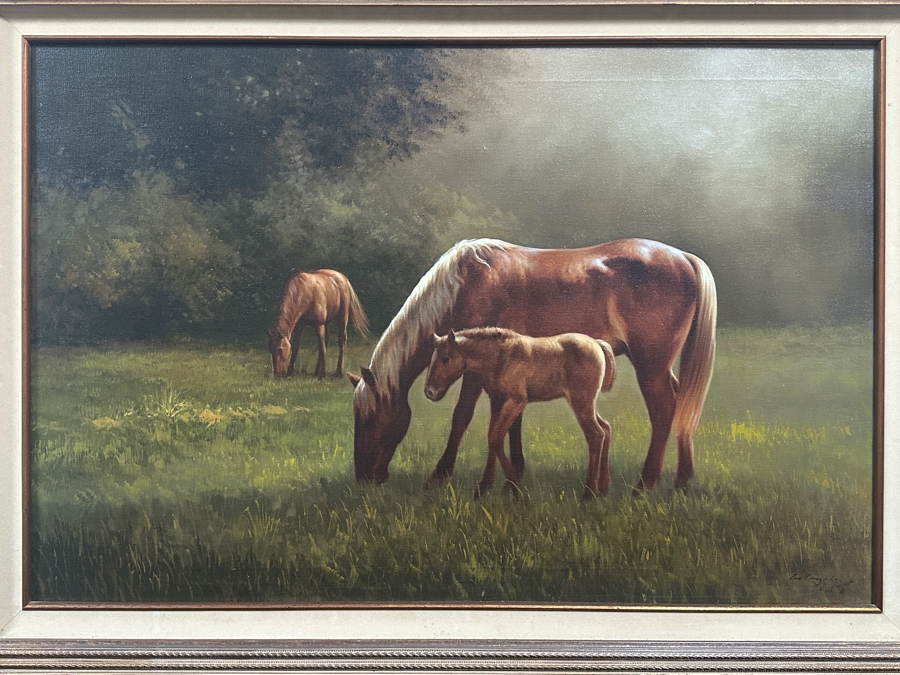 Just Added - Felix (Lex) Gonzalez (B. 1938) Original Oil Painting On Canvas Of Horses Titled 'Colting Time' Dated 1981 Los Angeles, CA 36 X 24 Framed 44 X 32 Retailed For $950 [Photo 3]