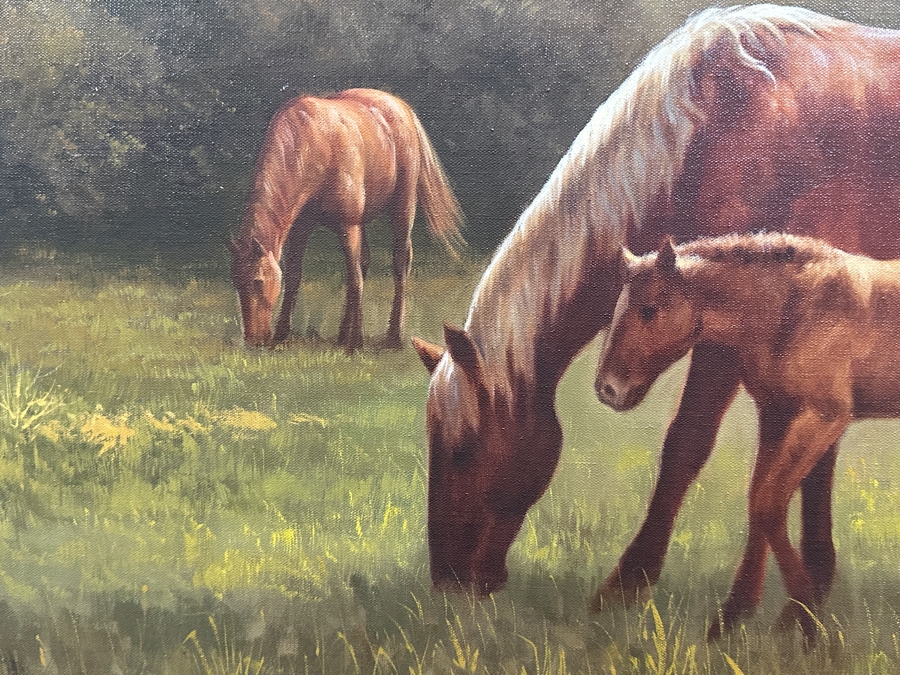 Just Added - Felix (Lex) Gonzalez (B. 1938) Original Oil Painting On Canvas Of Horses Titled 'Colting Time' Dated 1981 Los Angeles, CA 36 X 24 Framed 44 X 32 Retailed For $950 [Photo 5]