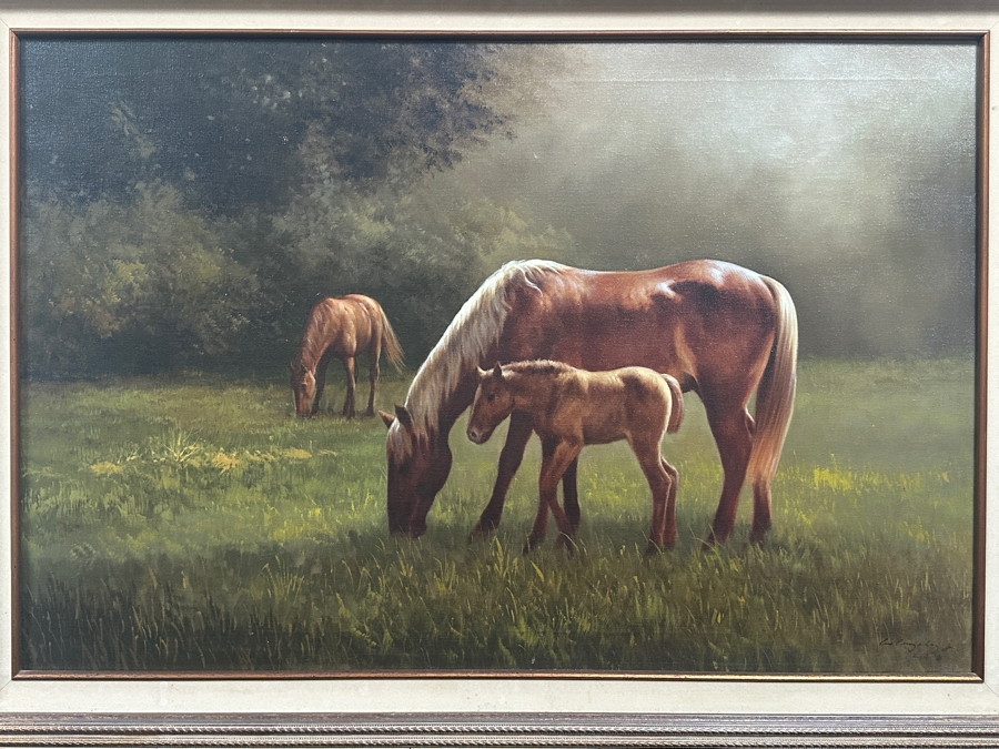 Just Added - Felix (Lex) Gonzalez (B. 1938) Original Oil Painting On Canvas Of Horses Titled 'Colting Time' Dated 1981 Los Angeles, CA 36 X 24 Framed 44 X 32 Retailed For $950