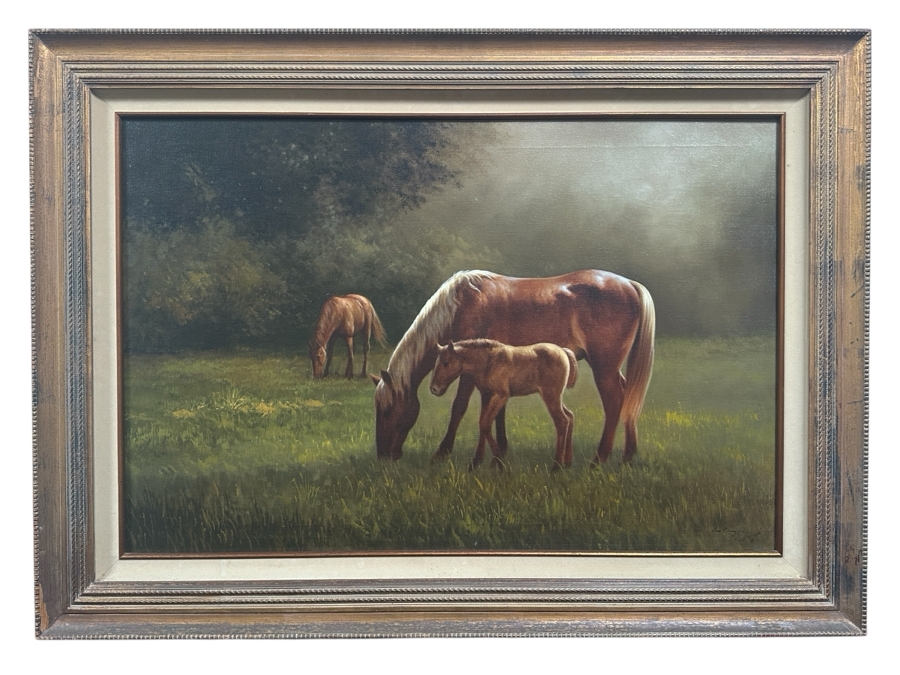 Just Added - Felix (Lex) Gonzalez (B. 1938) Original Oil Painting On Canvas Of Horses Titled 'Colting Time' Dated 1981 Los Angeles, CA 36 X 24 Framed 44 X 32 Retailed For $950 [Photo 2]