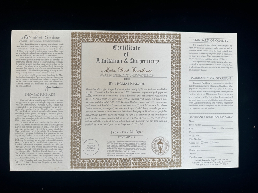 Just Added - Thomas Kinkade (1958-2012, American) Hand Signed Limited Edition Print Titled 'Main Street Courthouse' Numbered 1,764 Of 1,950 26.5 X 18 Framed 35.5 X 26.5 [Photo 12]