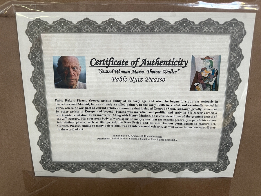 Just Added - Pablo Picasso Limited Edition Facsimile Plate Signed Print Titled 'Seated Woman Marie-Therese Walter' European Open Edition Print Numbered 112 Of 500 22 X 30.5 Framed 36 X 44.5   [Photo 17]