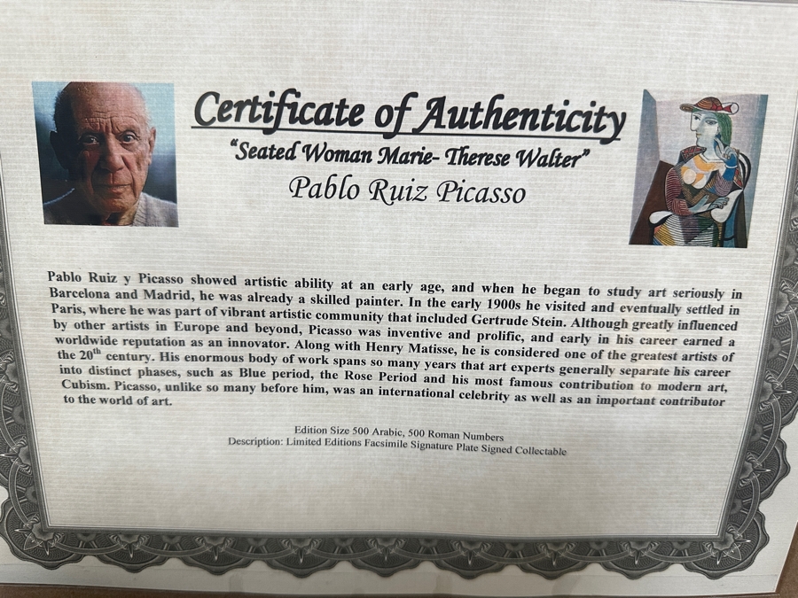 Just Added - Pablo Picasso Limited Edition Facsimile Plate Signed Print Titled 'Seated Woman Marie-Therese Walter' European Open Edition Print Numbered 112 Of 500 22 X 30.5 Framed 36 X 44.5   [Photo 18]