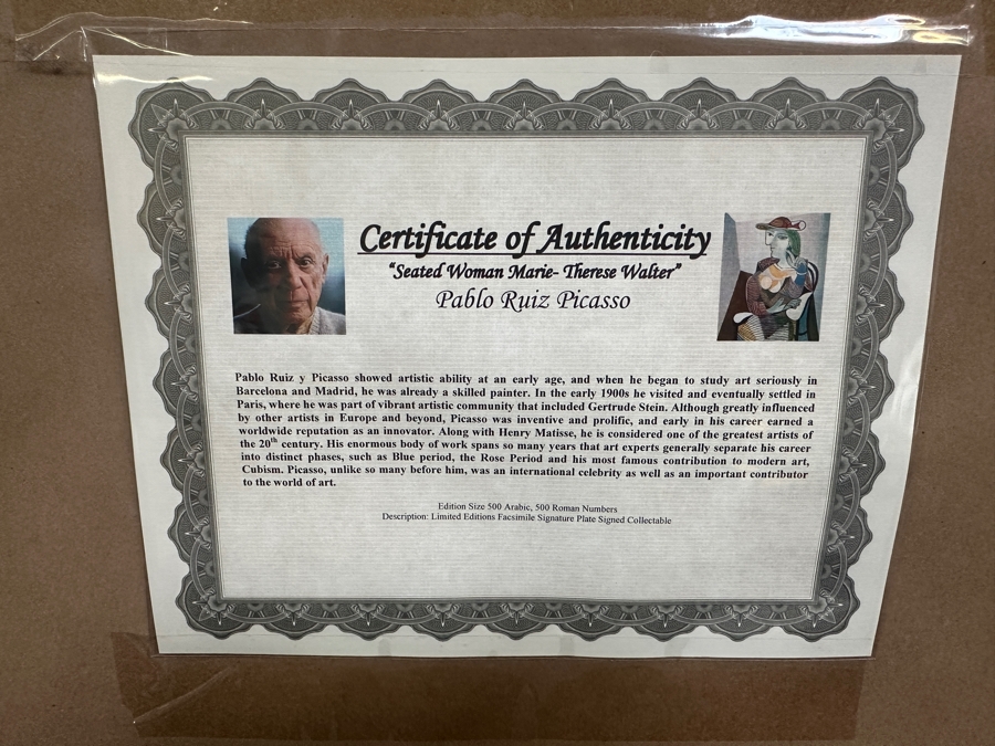 Just Added - Pablo Picasso Limited Edition Facsimile Plate Signed Print Titled 'Seated Woman Marie-Therese Walter' European Open Edition Print Numbered 112 Of 500 22 X 30.5 Framed 36 X 44.5   [Photo 16]