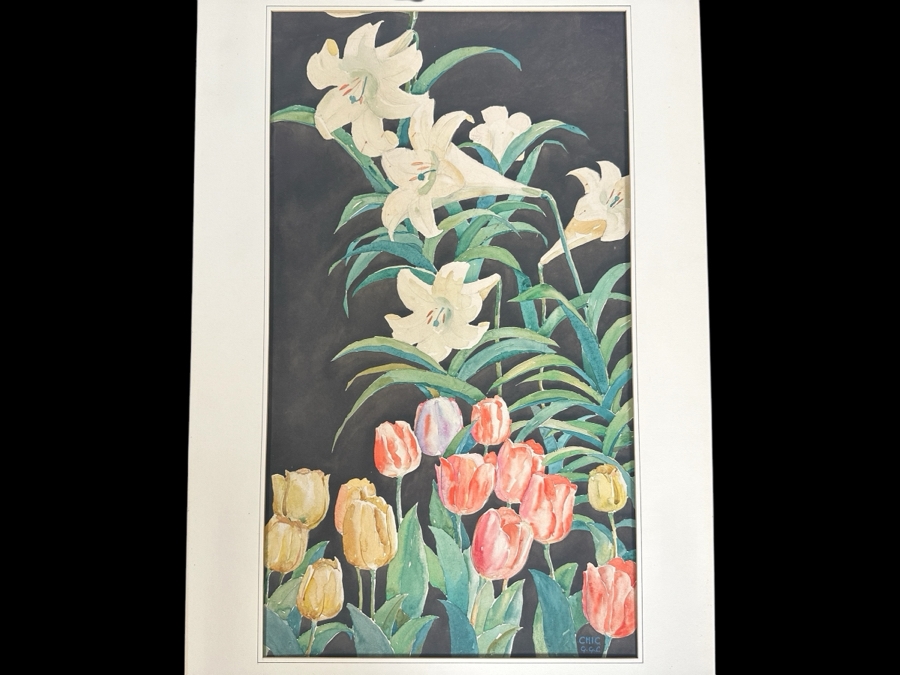 Just Added - Original Floral Watercolor On Drawing Board Signed CHIC G. G. L. 14 X 24 [Photo 1]