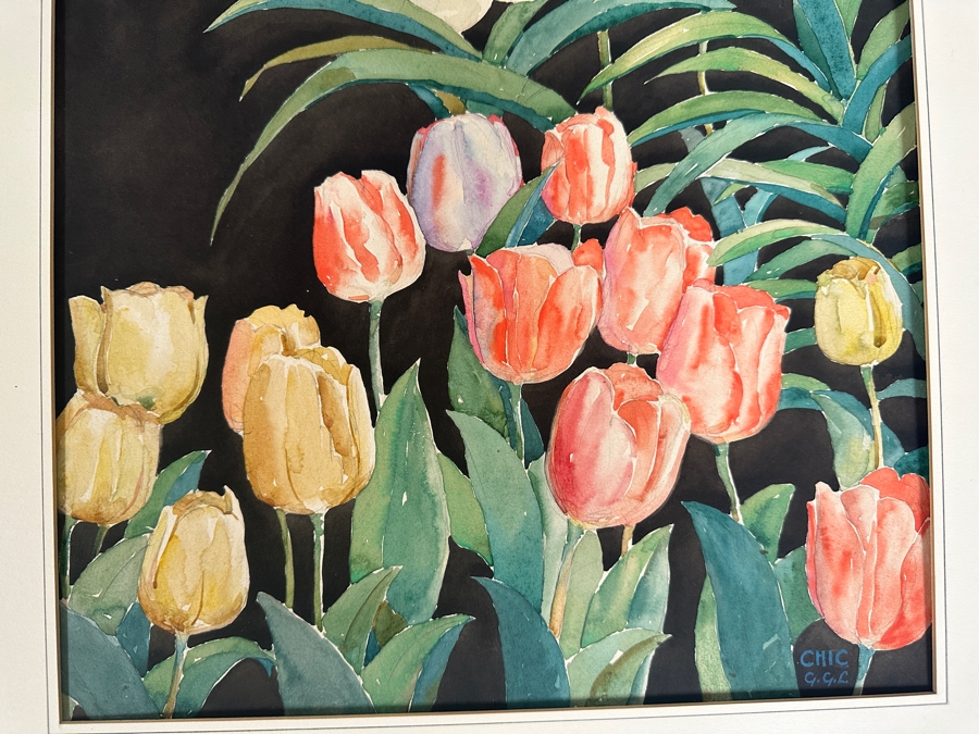 Just Added - Original Floral Watercolor On Drawing Board Signed CHIC G. G. L. 14 X 24 [Photo 2]